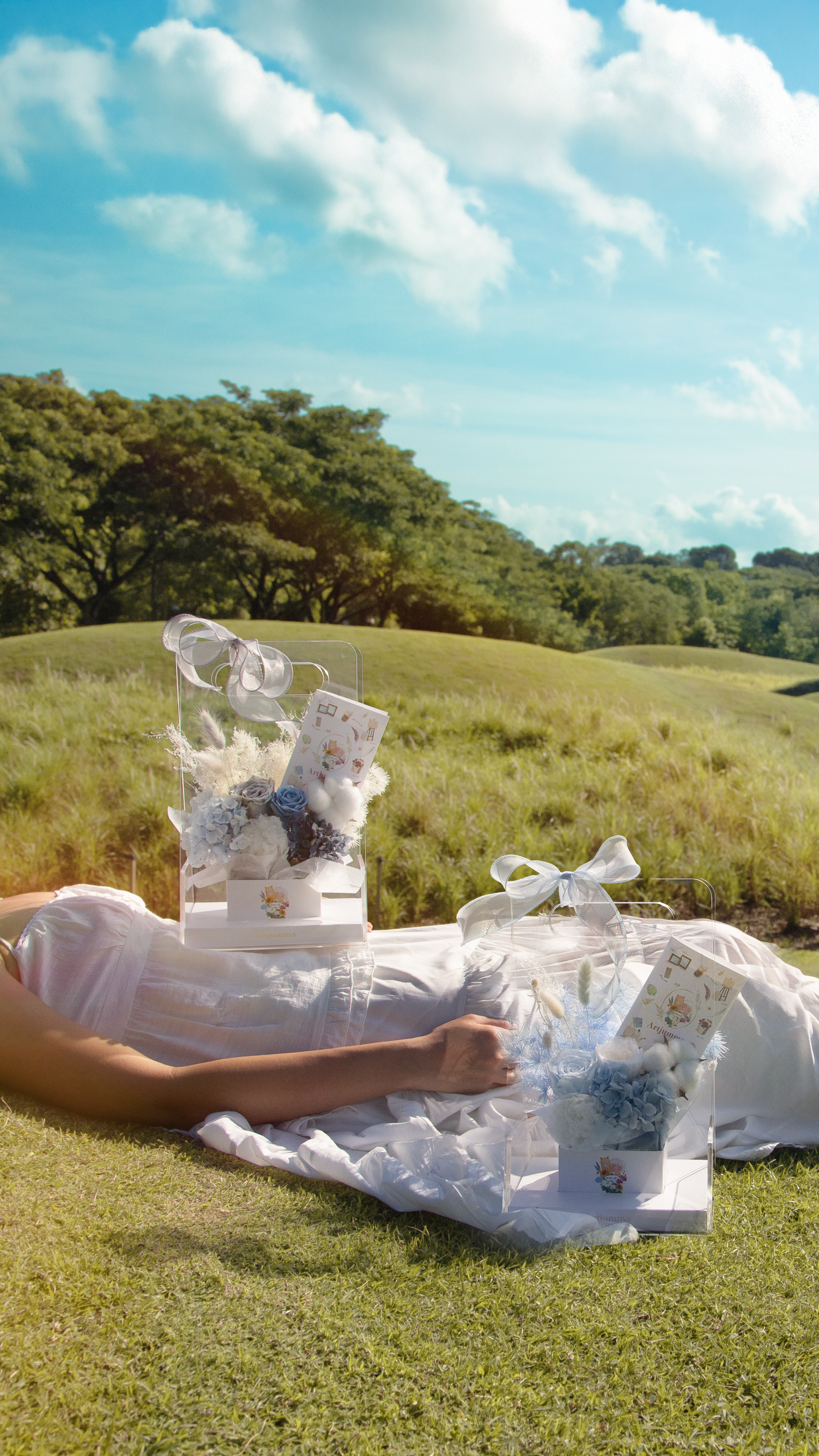 Spring wedding ceremony in meadow with bride in bridal dress.