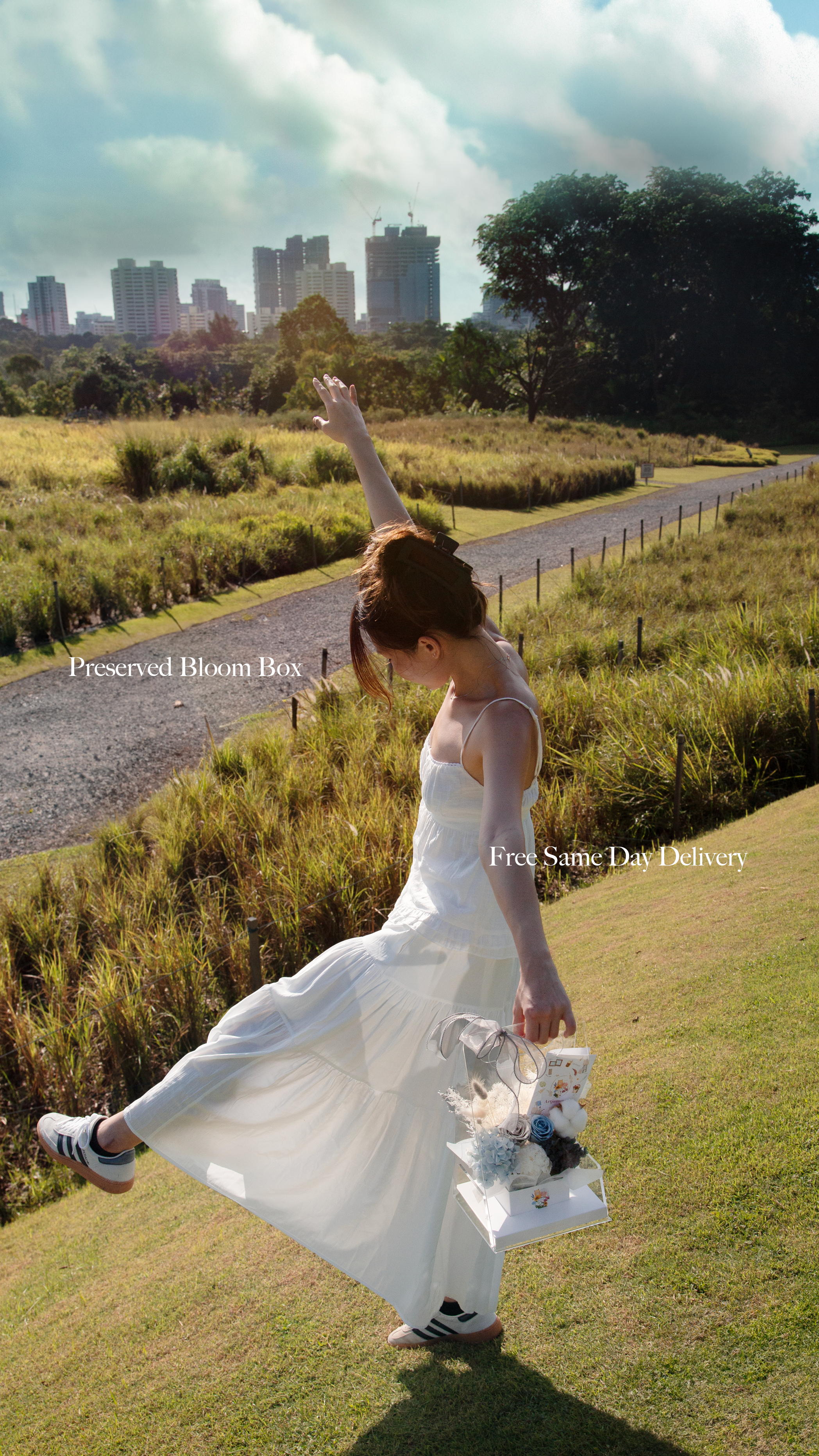 Summer bridal gown with people in nature.