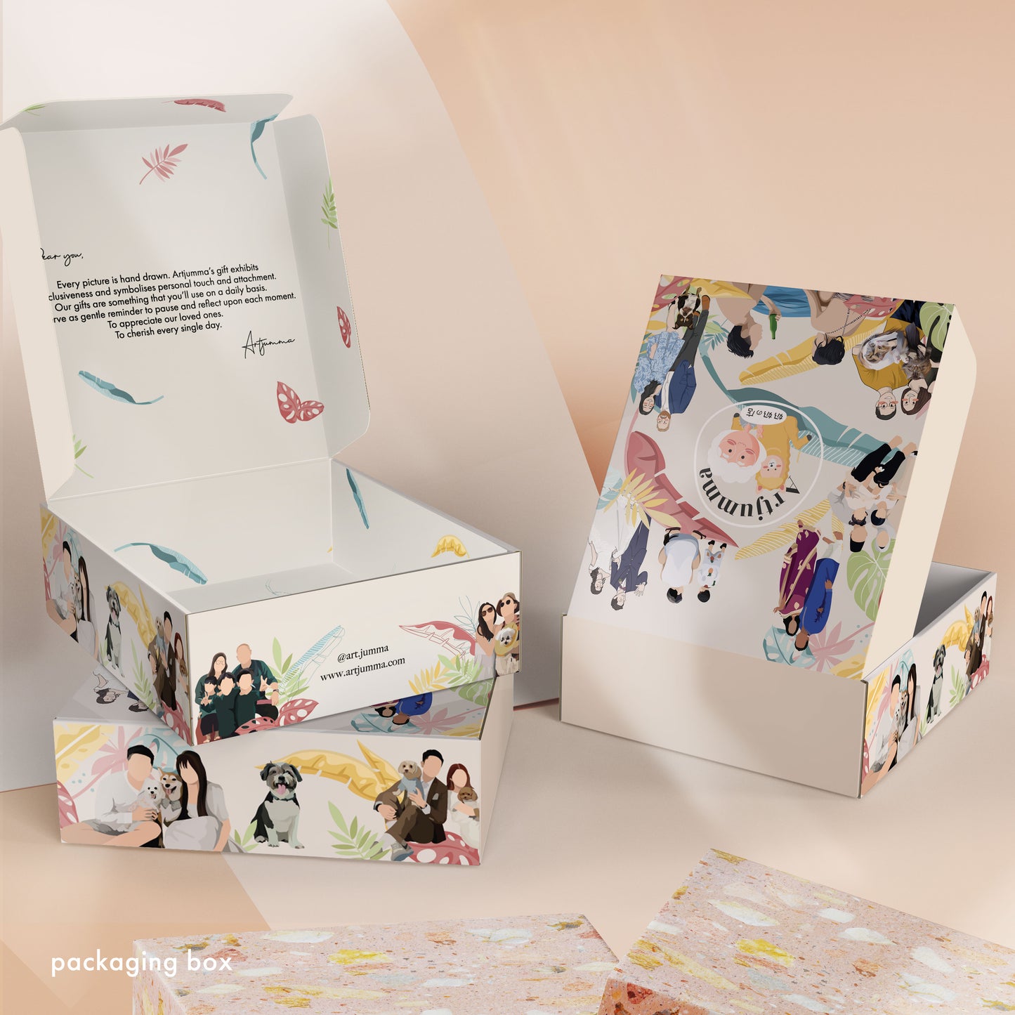 Hand-drawn artistic packaging box for Artjumma's gift.